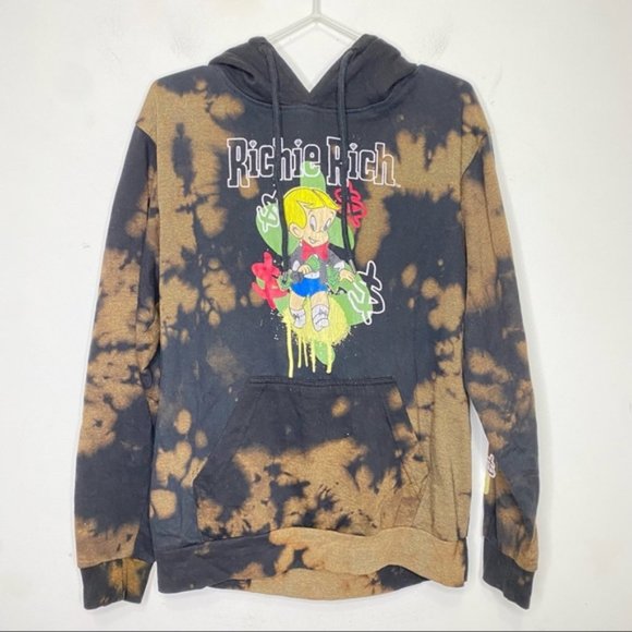 Unisex Classic Media Richie Rich Black/Brown Bleached Tie Dye Hoodie Size small - Picture 1 of 14